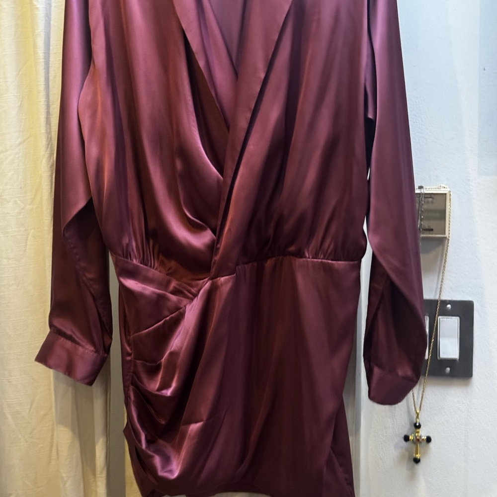Fashion Nova Satin Wrap Mini Dress - Deep Plum